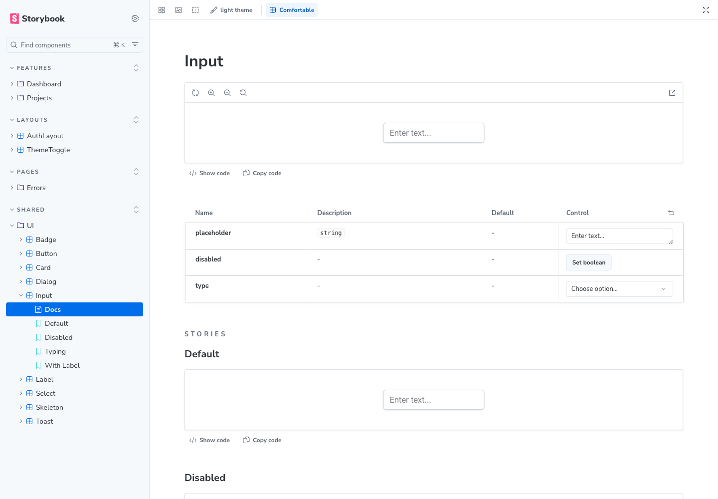 Input 컴포넌트와 placeholder, disabled, type Controls를 함께 보여 주는 Storybook Docs 화면